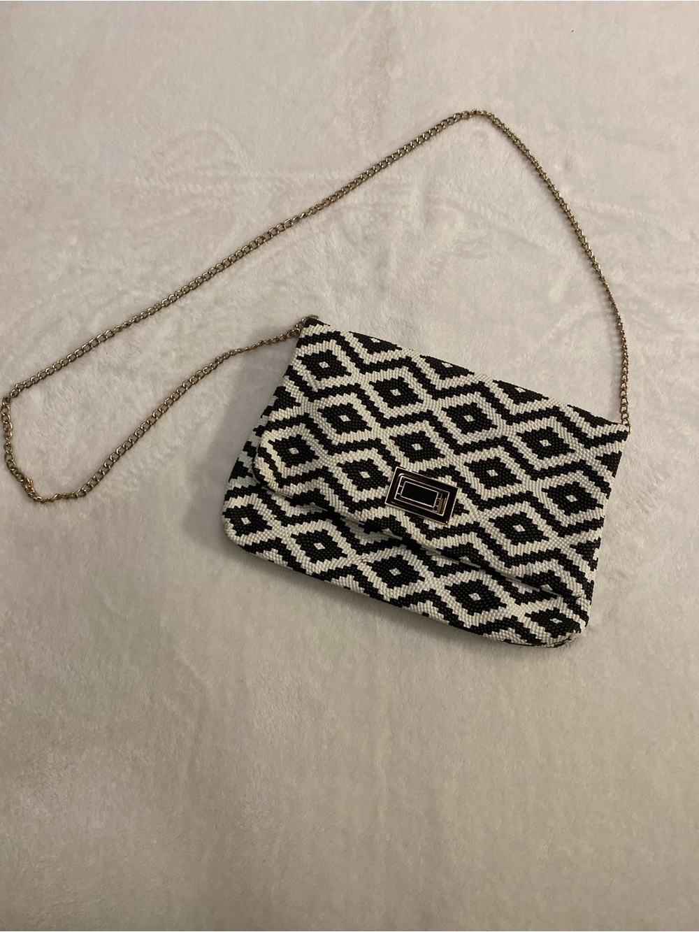 Black & White Beaded Crossbody Bag with Gold Chain
